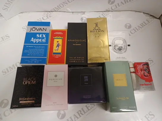 LOT OF 10 ASSORTED FRAGRENCES TO INCLUDE APHRODISIAC AND SUNNA MUSK MIDNIGHT