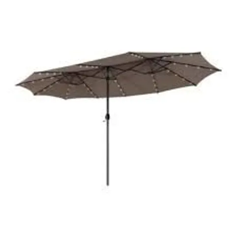 BOXED COSTWAY 4.5M DOUBLE-SIDED PATIO PARASOL WITH STAND OUTDOOR TWIN MARKET UMBRELLA W/ SOLAR LED LIGHTS - COFFEE