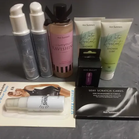 LOT OF 8 ASSORTED PERSONAL PLAY ITEMS TO INCLUDE ALOE VERA LUB, MINI BULLET, LATEX WEAR SPRAY AND SEXY SCRATCH CARDS