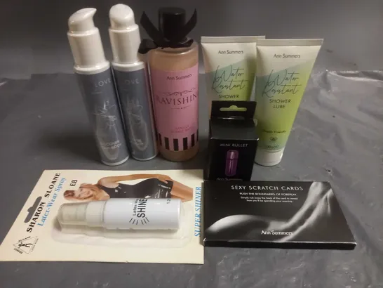 LOT OF 8 ASSORTED PERSONAL PLAY ITEMS TO INCLUDE ALOE VERA LUB, MINI BULLET, LATEX WEAR SPRAY AND SEXY SCRATCH CARDS