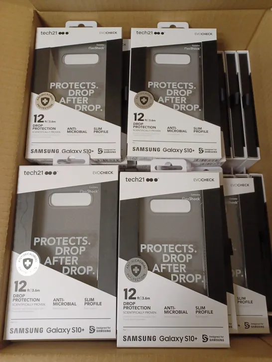 LOT OF APPROX. 80 BRAND NEW BOXED TECH 21 T21-6949 SMOKEY BLACK EVO CHECK CASE COVER WITH 12FT DROP PROTECTION AND ANTI-MICROBIAL PROTECTION FOR SAMSUNG GALAXY S10+