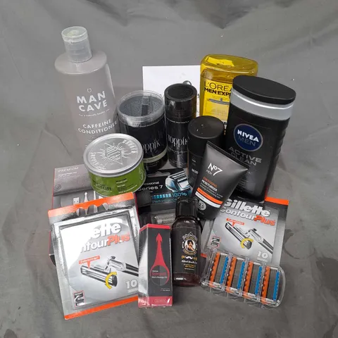 APPROXIMATELY 15 ASSORTED COSMETIC PRODUCTS TO INCLUDE MAN CAVE CONDITIONER, MANSCAPED DEODERANT, GILLETTE RAZER BLADES ETC