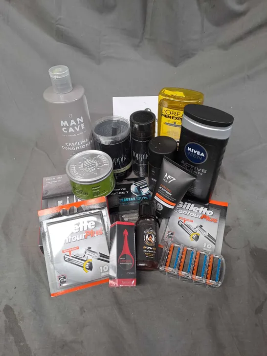 APPROXIMATELY 15 ASSORTED COSMETIC PRODUCTS TO INCLUDE MAN CAVE CONDITIONER, MANSCAPED DEODERANT, GILLETTE RAZER BLADES ETC