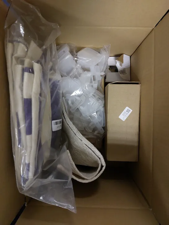 BOX OF APPROXIMATELY 10 ASSORTED HOUSEHOLD ITEMS TO INCLUDE FOLDING WALKING CANE, HOT WATER BOTTLE, GARDEN FLEECE ETC