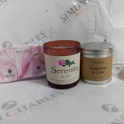 BOX OF APPROXIMATELY 6 ASSORTED ITEMS TO INCLUDE - ST.EVAL GRAPEFRUIT & LIME - AROMA THERAPY - SERENITY BY JAN CANDLE ECT