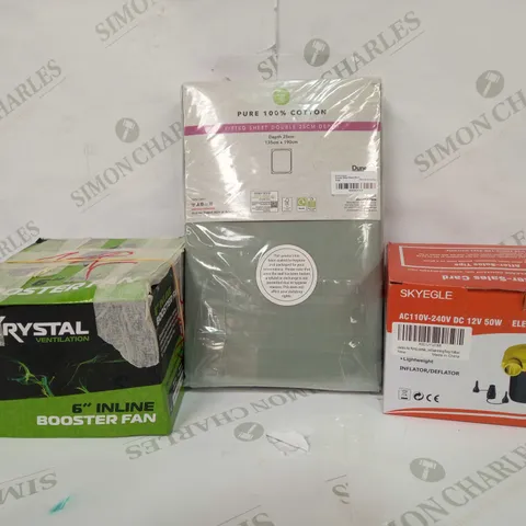 LOT OF APPROXIMATELY 20 ITEMS TO INCLUDE KRYSTAL VENTILATION 6" INLINE BOOSTER FAN, DUNELM PURE 100% COTTON FITTED DOUBLE SHEET, SKYEGLE ELECTRIC AIR PUMP, ETC