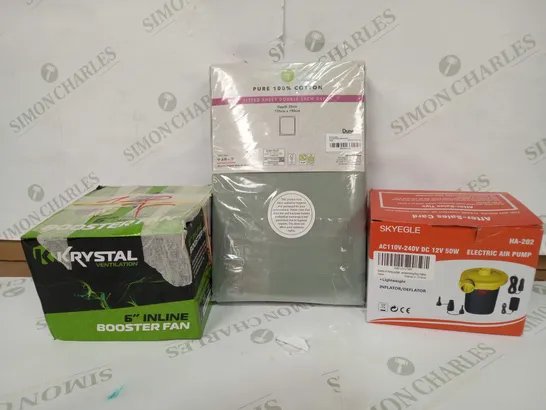 LOT OF APPROXIMATELY 20 ITEMS TO INCLUDE KRYSTAL VENTILATION 6" INLINE BOOSTER FAN, DUNELM PURE 100% COTTON FITTED DOUBLE SHEET, SKYEGLE ELECTRIC AIR PUMP, ETC