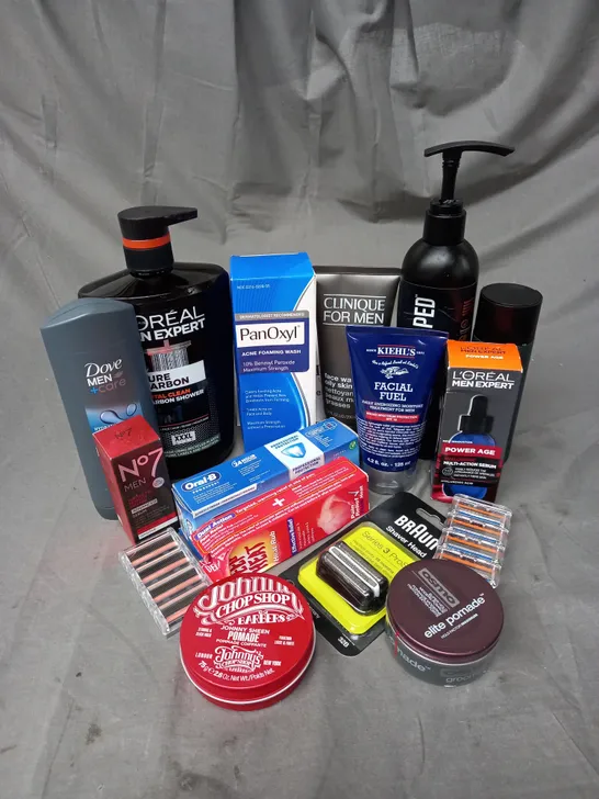 APPROXIMATELY 20 ASSORTED MENS COSMETIC PRODUCTS TO INCLUDE MANSCAPED BODY WASH, KIEHL'S FACIAL FUEL, L'OREAL POWER AGE SERUM ETC. 