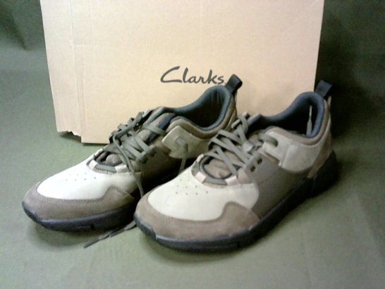 BOXED PAIR OF CLARKS TRACTIVE LACE SHOES IN DARK OLIVE - UK 8