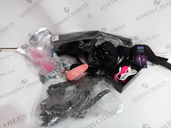 APPROXIMATELY 15 ASSORTED ADULT ITEMS TO INCLUDE BONDAGE GEAR, DUREX VIBE BULET, VIBRATOR, ETC