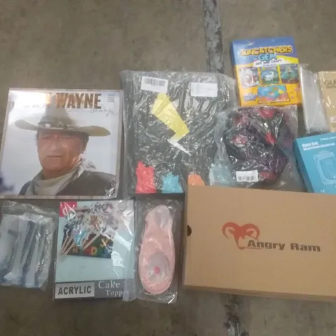 PALLET OF ASSORTED ITEMS INCLUDING ANGRY RAM SAFETY SHOES, MARIO CAKE TOPPERS, UPPER ARM BLOOD PRESSURE MONITOR CULF, TEMPERED GLASS SCREEN PROTECTOR, JOHN WAYNE 2023 CALENDAR, POKEMON CARD BINDER, 