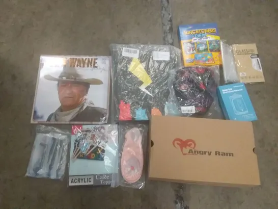 PALLET OF ASSORTED ITEMS INCLUDING ANGRY RAM SAFETY SHOES, MARIO CAKE TOPPERS, UPPER ARM BLOOD PRESSURE MONITOR CULF, TEMPERED GLASS SCREEN PROTECTOR, JOHN WAYNE 2023 CALENDAR, POKEMON CARD BINDER, 