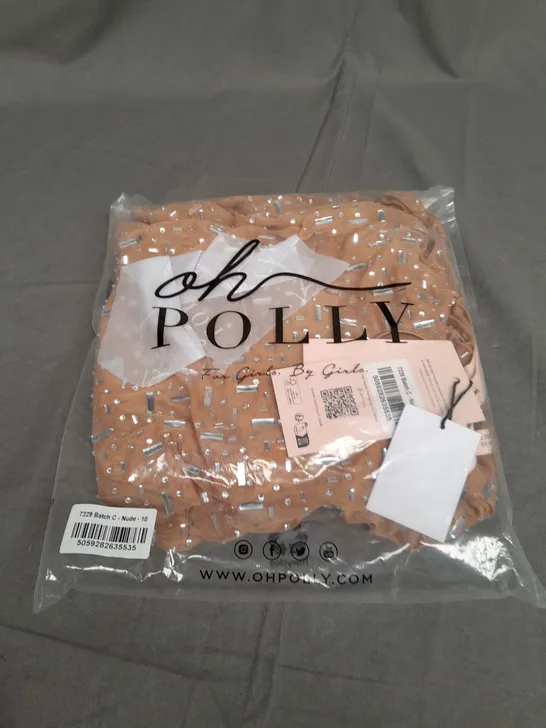 BOXED OH POLLY ANTONELLA SHEER EMBELLISHED SCOOP NECK EVENING GOWN IN BEIGE - SIZE 10