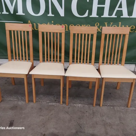 SET OF FOUR SLAT BACK DINING CHAIRS NATURAL WOOD/ CREAM PU