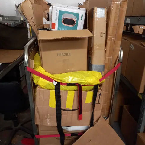 CAGE OF ASSORTED ITEMS TO INCLUDE PORTABLE HEATERS, BOXED FURNITURE AND PRINTERS- COLLECTION ONLY 