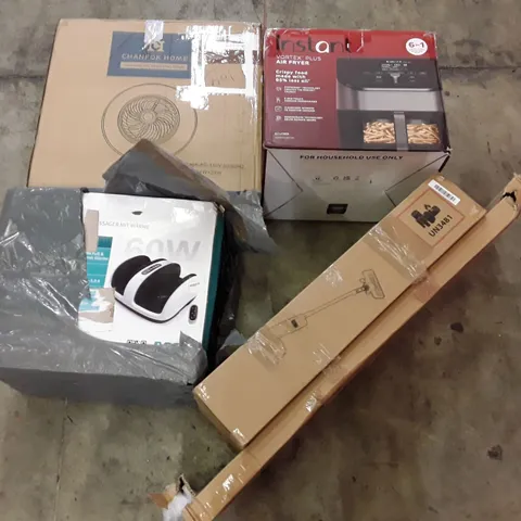 PALLET OF ASSORTED PRODUCTS INCLUDING AIR FRYER, SHIATSU FOOT MASSAGER, LED CEILING FAN, CORDLESS VACUUM, OFFICE CHAIR