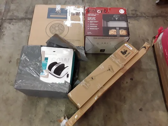 PALLET OF ASSORTED PRODUCTS INCLUDING AIR FRYER, SHIATSU FOOT MASSAGER, LED CEILING FAN, CORDLESS VACUUM, OFFICE CHAIR