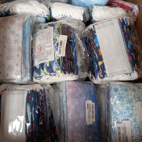 BOX OF 3-LAYER DISPOSABLE MASKS; APPROX. 25 BAGS OF AROUND 100-150 MASKS PER BAG, VARIOUS SIZES FROM SMALL CHILD TO ADULT