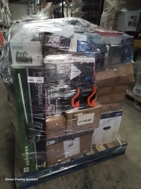 PALLET OF ASSORTED BOXED ELECTRICAL ITEMS INCLUDING, HEDGECUTTERS, FAN HEATER, LANDLINE PHONE, LAMINATOR, GLEN HEATER.