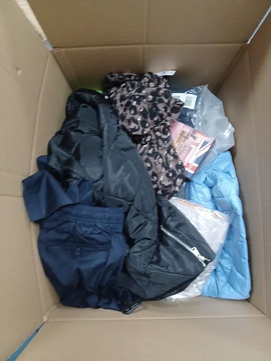 BOX OF ASSORTED CLOTHING ITEMS TO INCLUDE JACKETS, WAIST COAT, PYJAMAS ETC