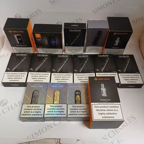 BOX OF APPROXIMATELY 30 E-CIGARETTE PRODUCTS TO INCLUDE GEEKVAPE AEGIS X, CALIBURN A2, URSA NANO PRO ETC