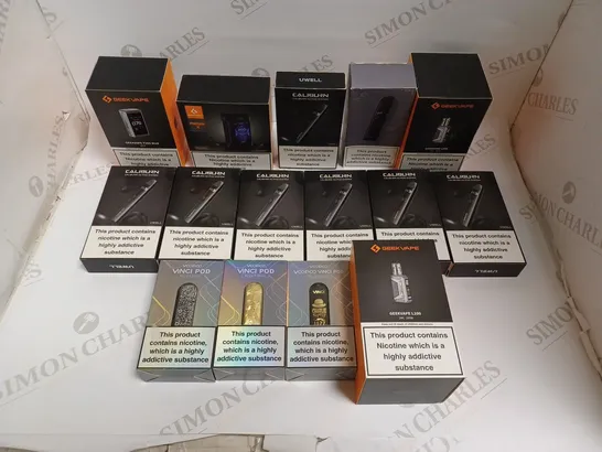 BOX OF APPROXIMATELY 30 E-CIGARETTE PRODUCTS TO INCLUDE GEEKVAPE AEGIS X, CALIBURN A2, URSA NANO PRO ETC