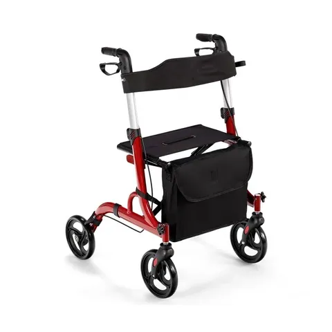 BOXED 2 IN 1 LIGHTWEIGHT ROLLATOR ALUMINIUM TRANSPORT CHAIR FOLDING MEDICAL WALKER - RED (1 BOX)