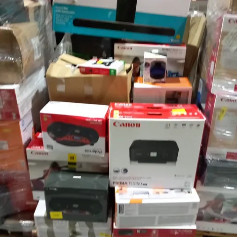 PALLET OF ASSORTED ELECTRICAL PRODUCTS TO INCLUDE; ONE FOR ALL UNIVERSAL WALL MOUNT, POLAROID SOUND BAR, CANON PRINTER AND BLUETOOTH CD BOOMBOX