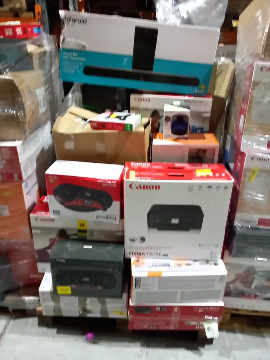 PALLET OF ASSORTED ELECTRICAL PRODUCTS TO INCLUDE; ONE FOR ALL UNIVERSAL WALL MOUNT, POLAROID SOUND BAR, CANON PRINTER AND BLUETOOTH CD BOOMBOX