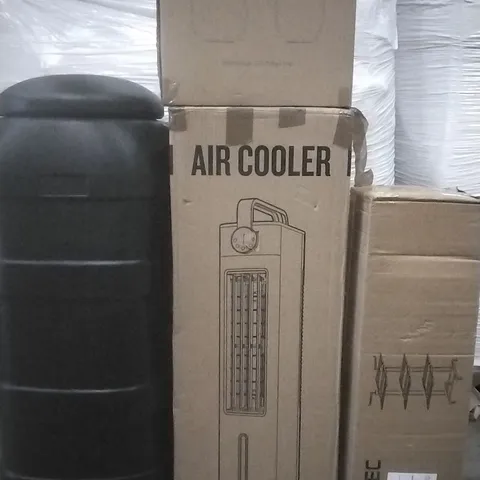 PALLET OF ASSORTED ITEMS INCLUDING AIR COOLER , MIBEN LED TABLE LAMP, HOMIDEC WHEELED TROLLEY AND LARGE GARDEN WATER STORE 