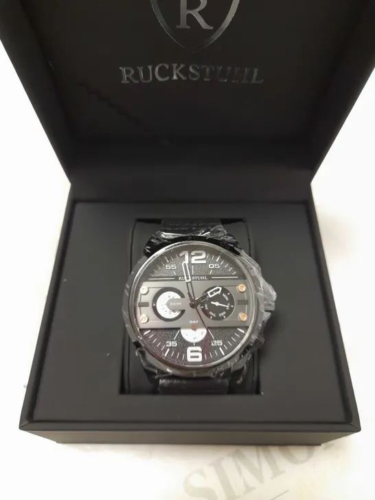 RUCKSTUHL TRIPLE DIAL BLACK LEATHER STRAP WRISTWATCH