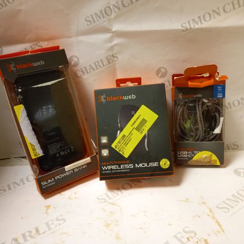 LOT OF 3 ASSORTED BLACK WEB ITEMS TO INCLUDE SLIM POWER BANK, WIRELESS MOUSE, USB CABLE 