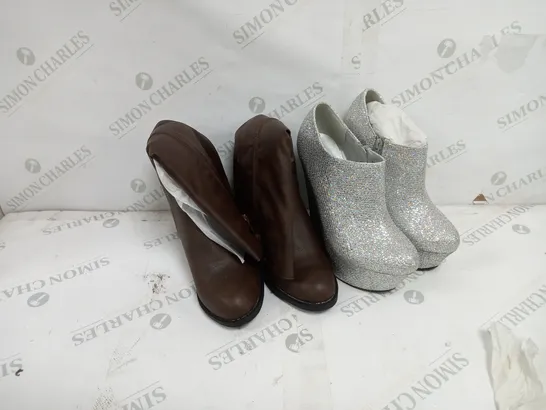 4 BOXED PAIR OF SHOES TO INCLUDE MILAYA PLATFORM HEELS IN SIZES 37, 38 AND CASANDRA SILVER/SHIMMER PLATFORM SHOES IN SIZE 5, CASANDRA CALF LENGTH BOOTS IN SIZE 3