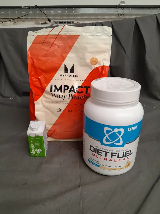 3 ASSORTED FOOD ITEMS TO INCLUDE MY PROTEIN IMPACT WHEY PROTEIN, DIET FUEL ULTRA LEAN PROTEIN SHAKE, APPLE STYLE JUICE- COLLECTION ONLY 