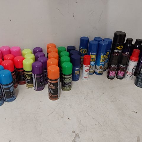 ASSORTED AEROSOLS INCLUDING, NEON PAINT, BED BUG & FLEA KILLER, HAIR ROOT COLOURS, SMOKE ALARM TESTERS 