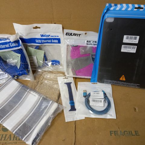 LOT OF APPROX 12 ASSORTED HOUSEHOLD ITEMS TO INCLUDECAT8 ETHERNET CABLE, LIGHTING CABLE, BLACK IPAD CASE, ETC