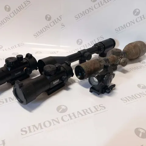 FIVE ASSORTED HUNTING SCOPES TO INCLUDE; PINTY, BUSHNELL AND RIFLESCOPE