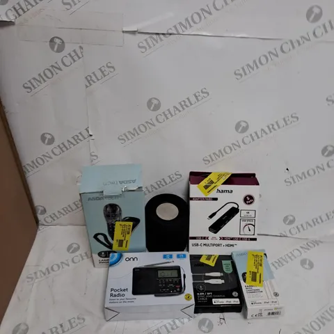 BOX OF APPROXIMATELY 25 HOUSE ELECTRICAL ITEMS TO INCLUDE SPEAKERS, TELEPHONE, RADIO ETC 