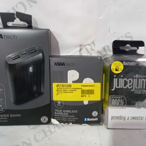 BOX OF APPROXIMATELY 20 ASSORTED ELECTRICAL ITEMS TO INCLUDE JUICEJUMBO WIRELESS SPEAKER, ASDA TECH TRUE WIRELESS EARBUDS, ASDA TECH POWER BANK, ETC