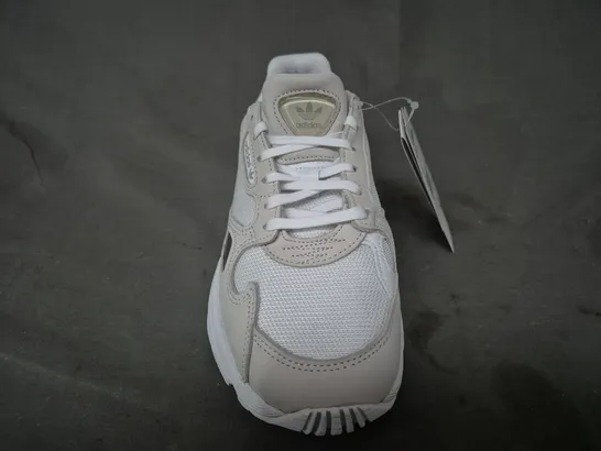 BOXED PAIR OF ADIDAS WOMEN'S FALCON SHOES IN WHITE/OFF WHITE UK SIZE 5.5