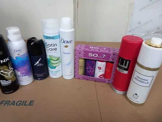 APPROXIMATELY 20 AEROSOL SHAVING FOAM AND BODY SPRAYS TO INCLUDE DOVE, LYNX AND SATIN CARE