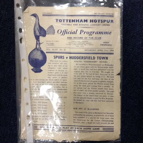 TOTTENHAM HOTSPUR FOOTBALL AND ATHLETIC COMPANY  LIMITED OFFICIAL PROGRAMME AND RECORD OF THE CLUB VOL.XLVIII. NO.53 SATURDAY, APRIL 21ST, 1956 SPURS V HUDDERSFIELD TOWN