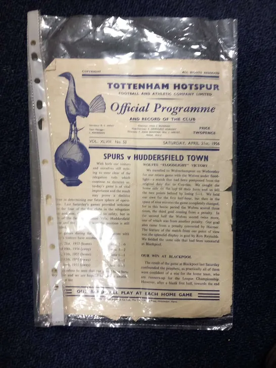 TOTTENHAM HOTSPUR FOOTBALL AND ATHLETIC COMPANY  LIMITED OFFICIAL PROGRAMME AND RECORD OF THE CLUB VOL.XLVIII. NO.53 SATURDAY, APRIL 21ST, 1956 SPURS V HUDDERSFIELD TOWN