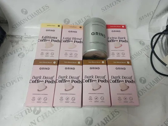 APPROXIMATELY 7 PACKS OF GRIND COFFEE POD PACKS AND COFFEE PODS TIN