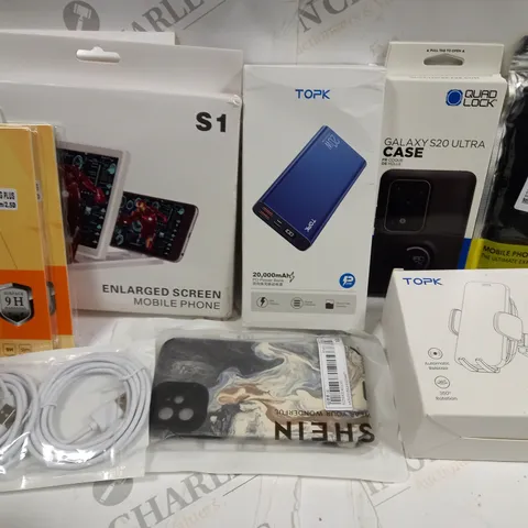 BOX OF APPROX 10 ASSORTED MOBILE PHONE ACCESSORIES TO INCLUDE TOPK PHONE STAND, QUAD LOCK GALAXY S20 ULTRA CASE. TOPK PD POWERBANK, ETC 