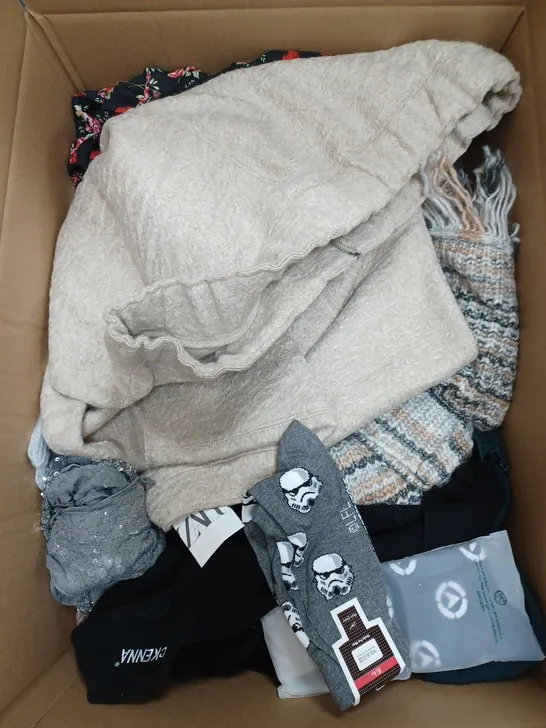 LARGE BOX OF ASSORTED CLOTHING ITEMS IN VARIOUS COLOURS AND SIZES INCLUDING TROUSERS , TOPS AND JUMPERS 