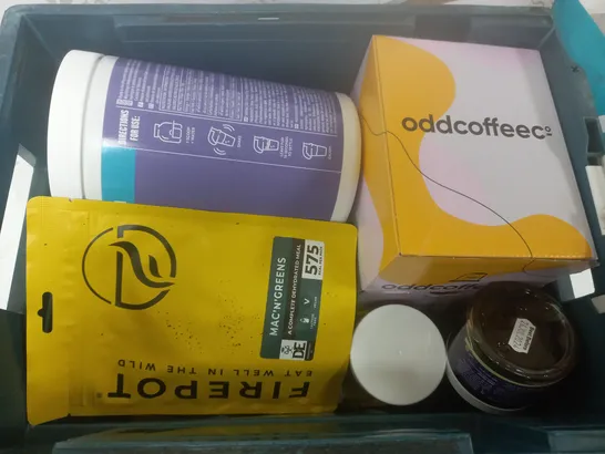 BOX OF APPROX 10 ASSORTED FOOD ITEMS TO INCLUDE - ODDCOFFEEC THE LUCKY DIP - PACT COFFEE CAPIM SECO FILTER - MY PROTEIN CLEAR WHEY ISOLATE RAINBOW CANDY ECT