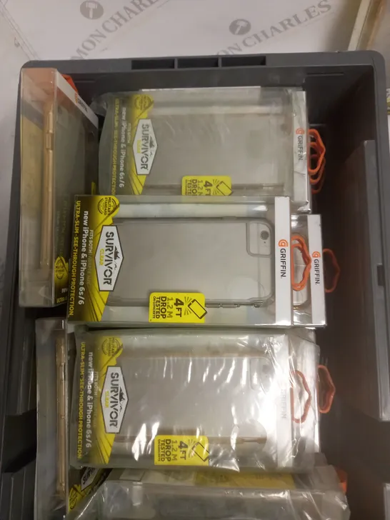 BOX OF APPROXIMATELY 25 BOXED SURVIVOR CLEAR PROTECTIVE PHONE CASES FOR IPHONE 6/6S