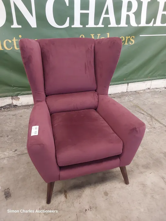 QUALITY BRITISH DESIGNER LOUNGE Co. WINGED EASY CHAIR AUBERGINE PLUSH FABRIC 