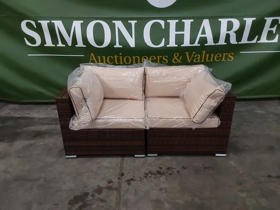 DESIGNER RATTAN 2 SEATER GARDEN/PATIO SOFA IN CHOCOLATE MIX AND COFFEE CREAM COLOUR WITH CUSHIONS